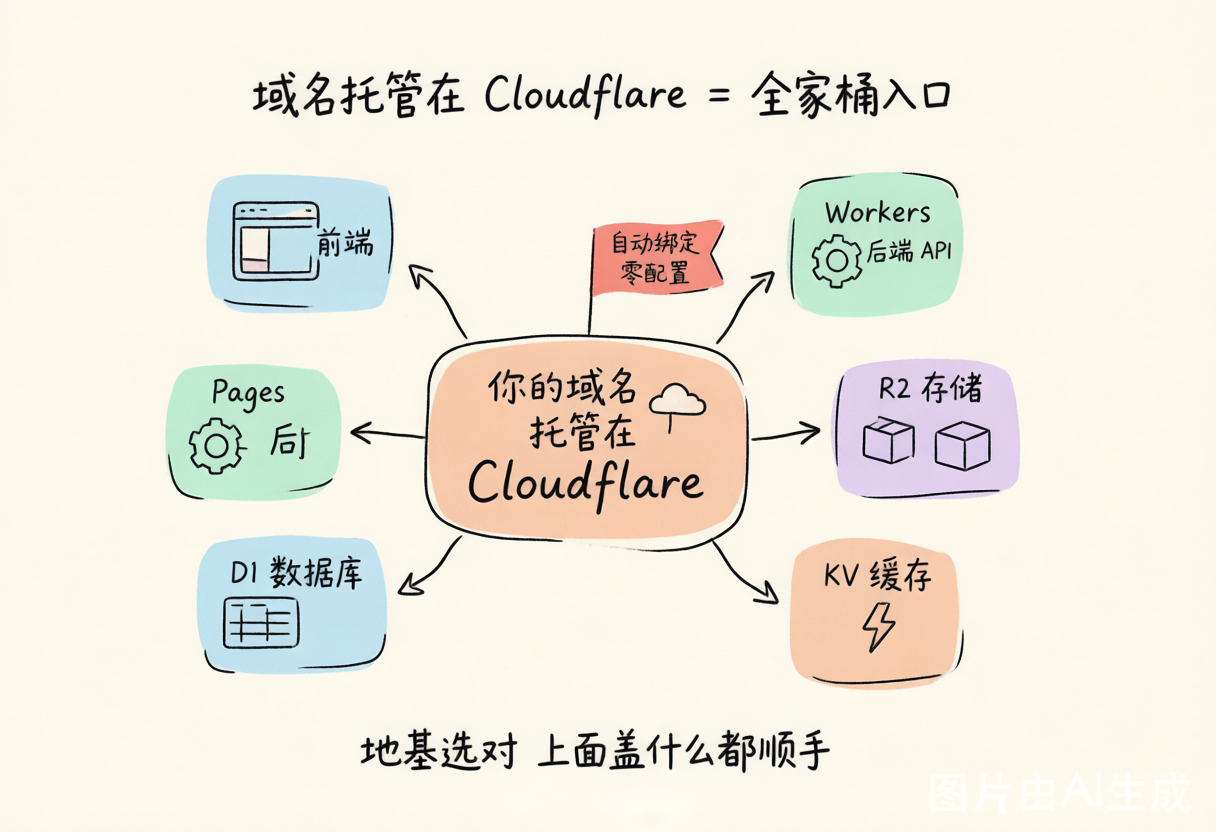 把域名托管在 Cloudflare 后,Pages / Workers / R2 / KV / D1 等服务一键打通、零配置(全家桶生态)
