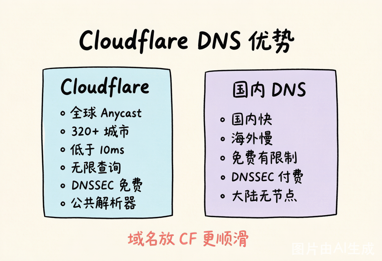 Cloudflare DNS 与国内 DNS(DNSPod / 阿里云)的核心优势对比