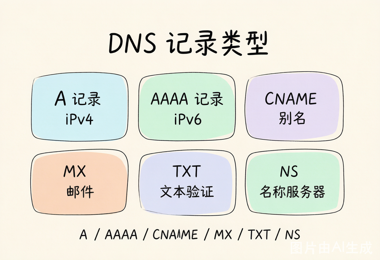 常用 DNS 记录类型速查:A / AAAA / CNAME / MX / TXT / NS