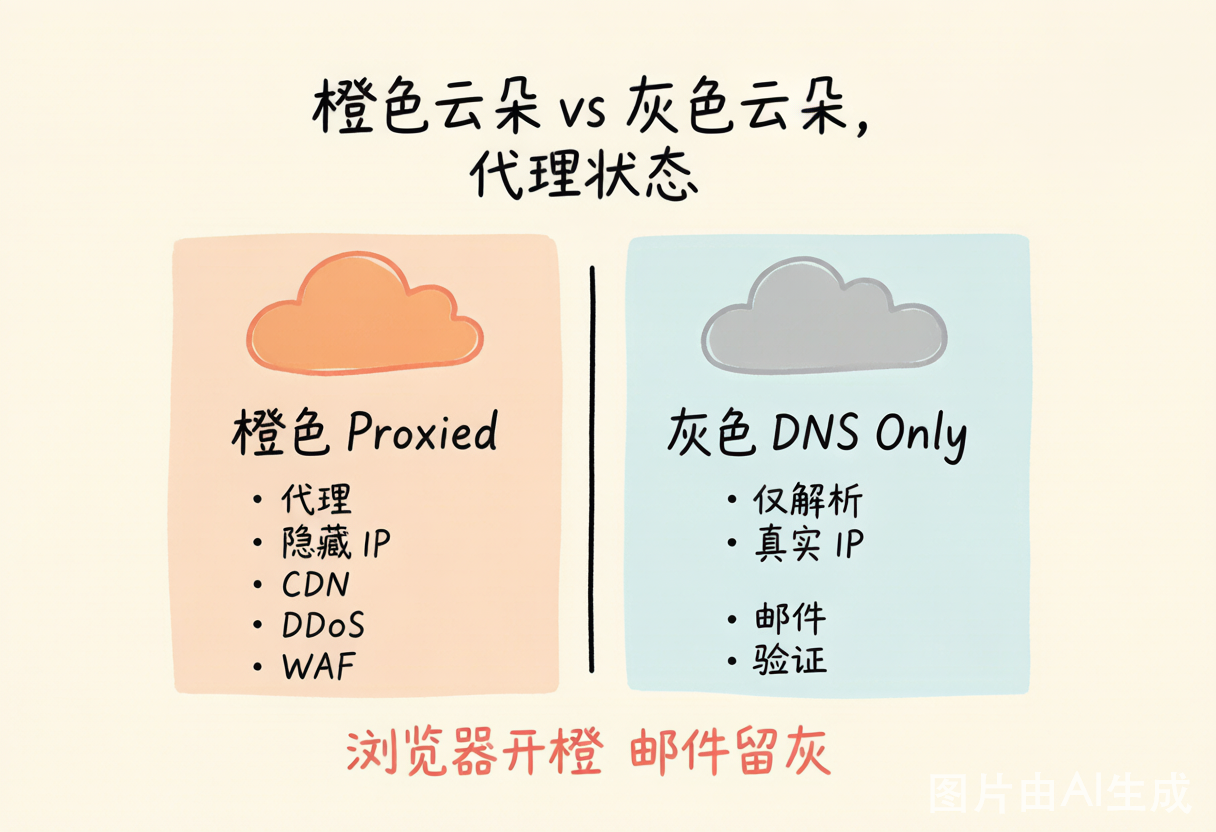 橙色云朵(Proxied)与灰色云朵(DNS Only)两种代理状态的对比