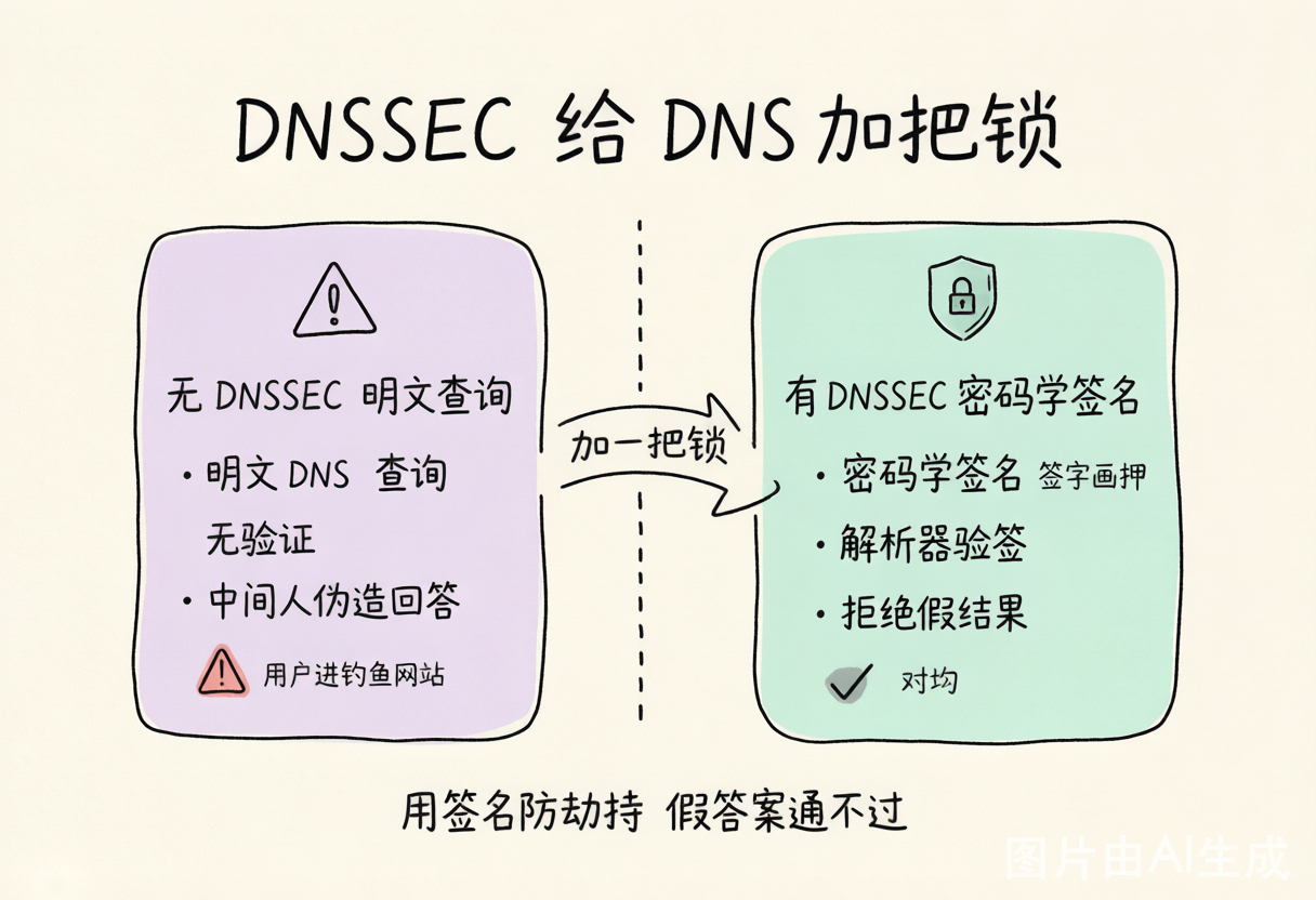 没有 DNSSEC 时 DNS 明文查询会被中间人劫持;开启 DNSSEC 后密码学签名可验证真伪