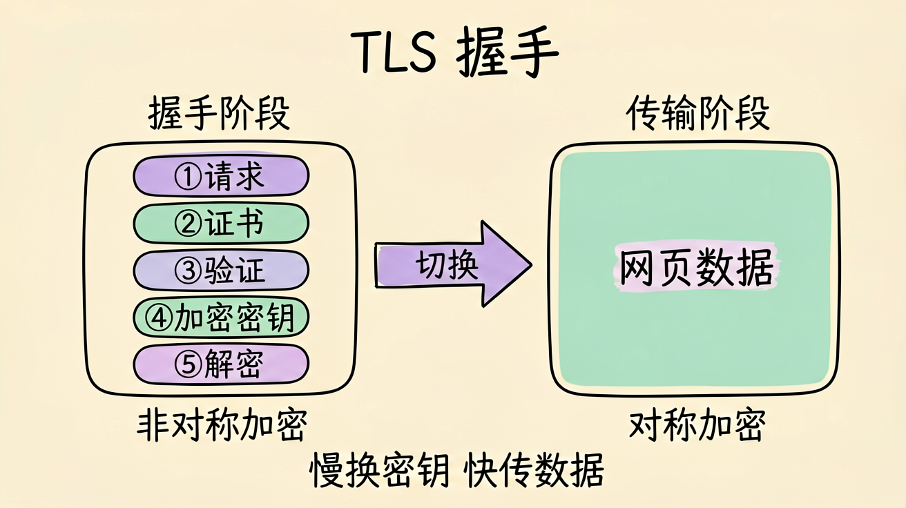 TLS 握手两阶段:非对称加密换密钥,对称加密传数据