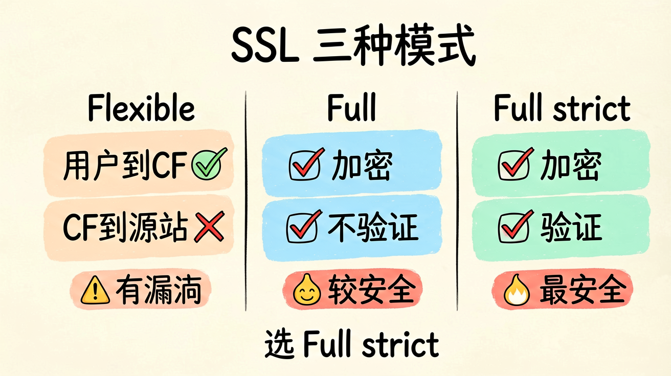 三种 SSL 模式对比:Flexible / Full / Full (strict)
