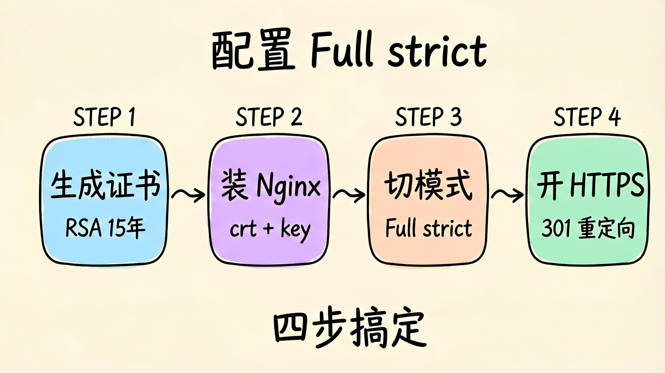配置 Full (strict) 四步流程:生成证书 → 安装 Nginx → 切换模式 → 开启 HTTPS