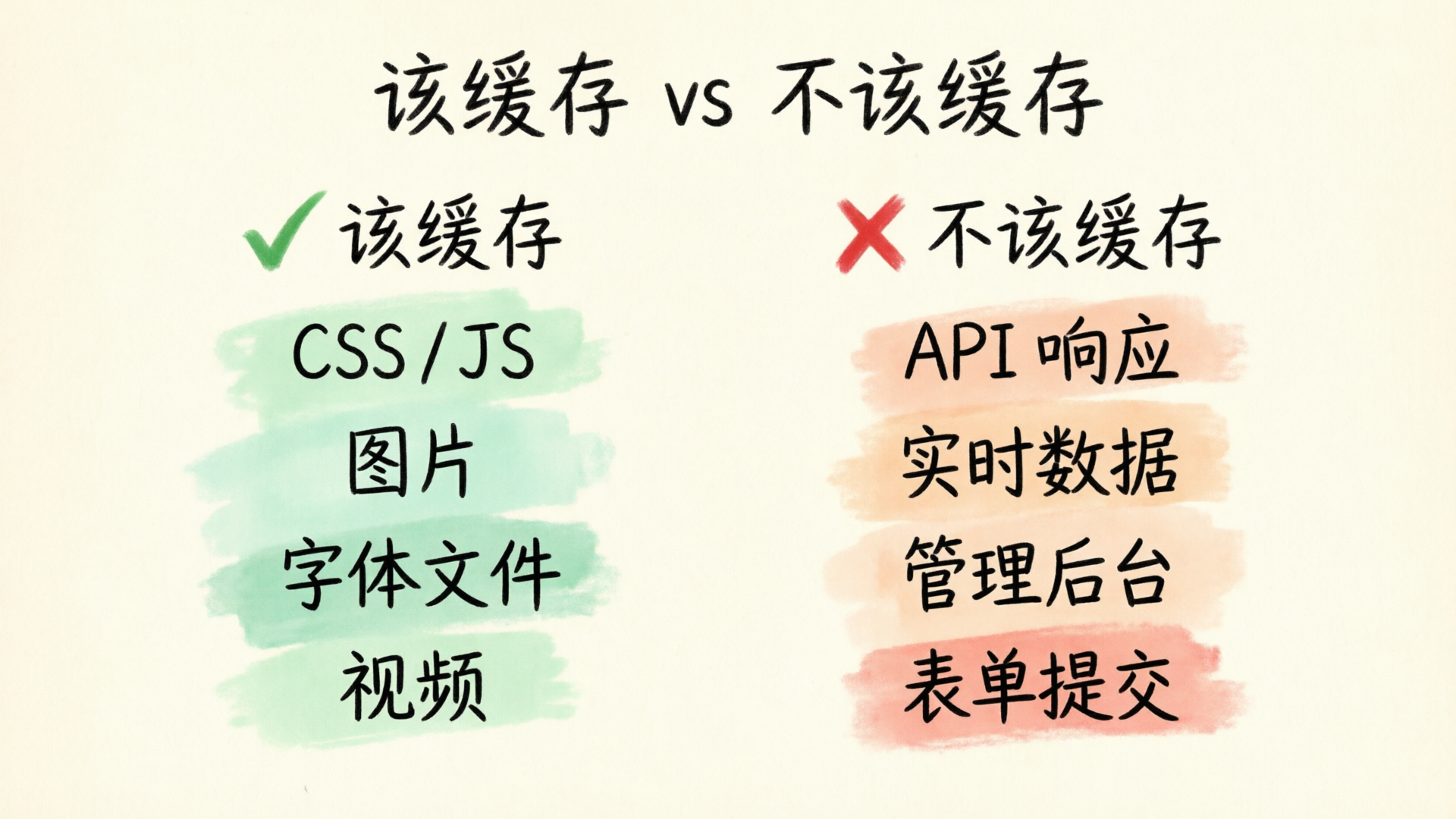 该缓存（CSS/JS/图片/字体/视频）vs 不该缓存（API/实时数据/管理后台/表单）的资源类型对比