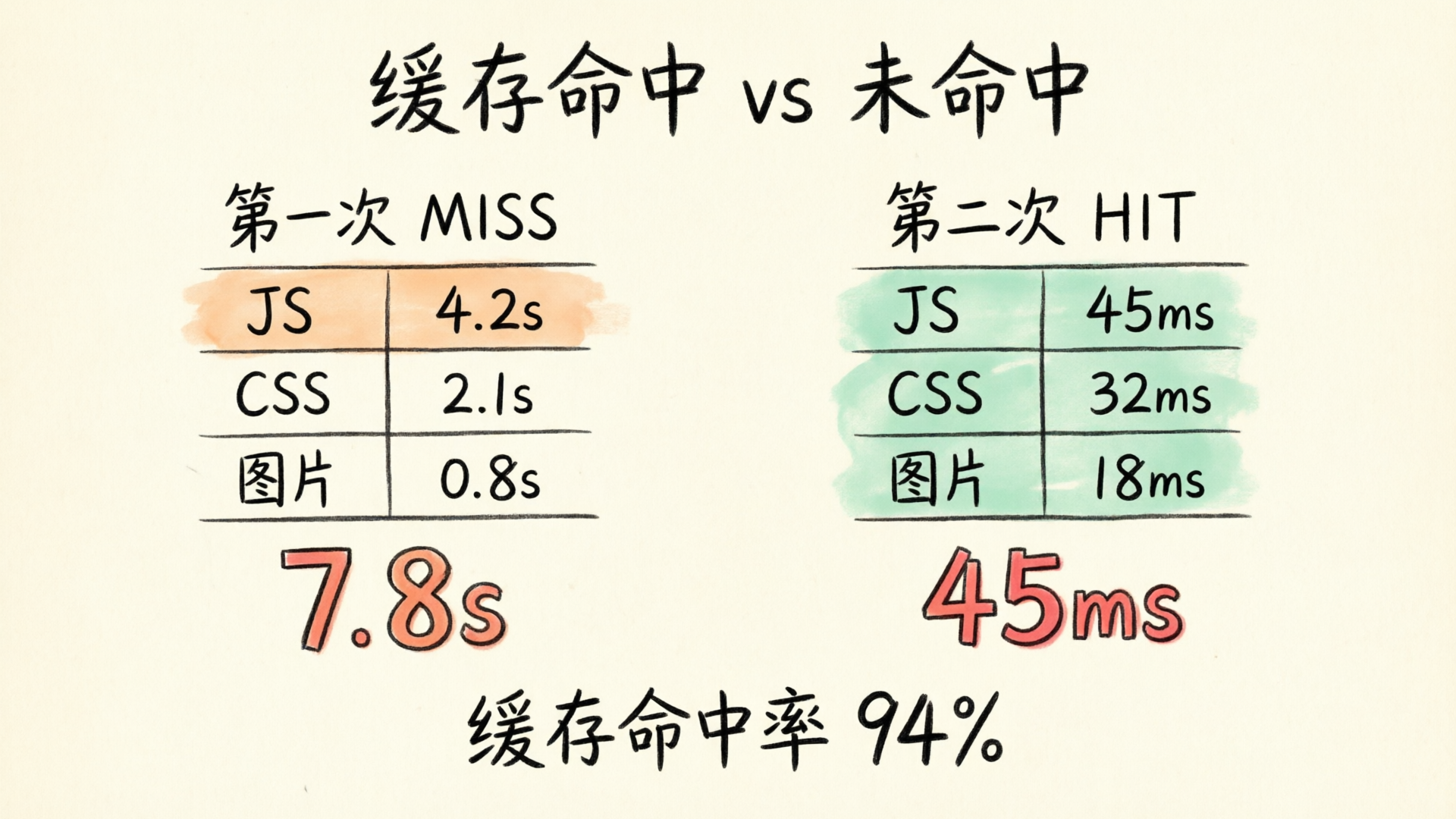 缓存命中效果对比：第一次MISS 7.8秒 vs 第二次HIT 45毫秒，缓存命中率94%