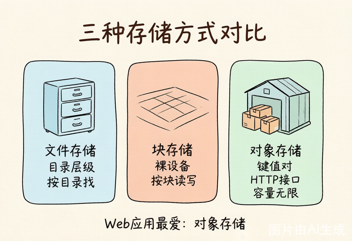 三种存储方式对比:文件存储=文件柜,块存储=空地,对象存储=仓库+快递