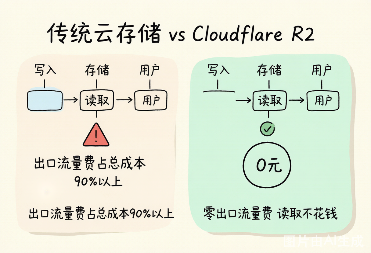 零出口流量费对比:传统云存储的出口流量费贵,R2 读取免费