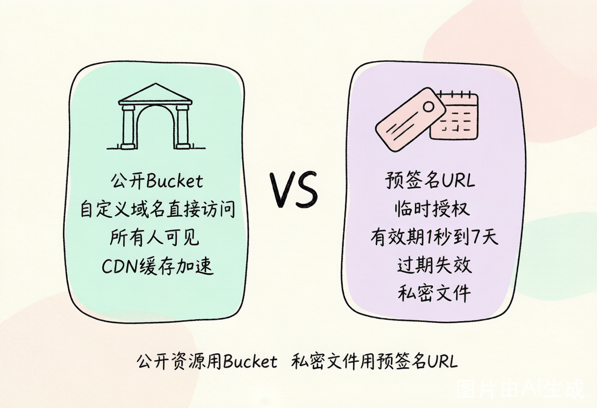 公开 Bucket vs 预签名 URL:公开资源用 Bucket,私密文件用预签名 URL